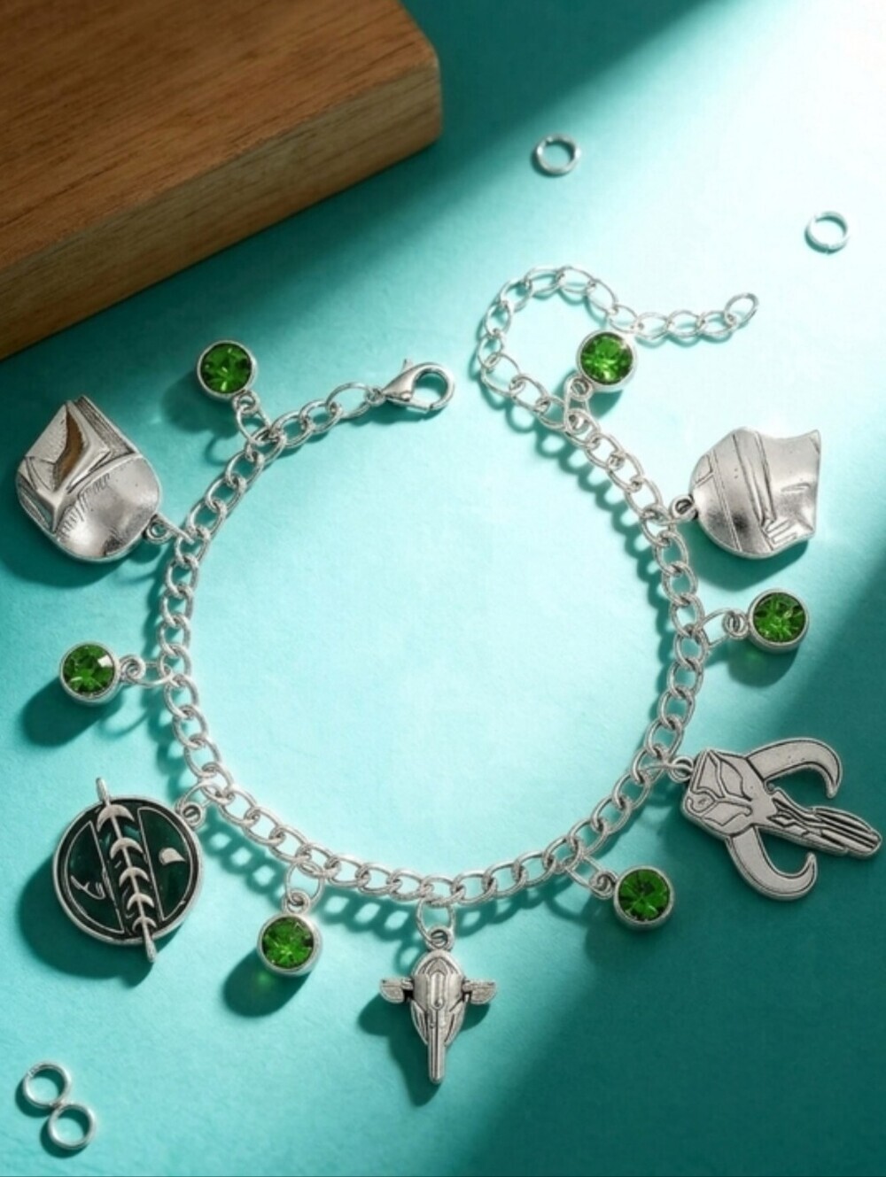 Mandalorian Inspired Charm Bracelet Star Wars Fandom Silver Tone Green Crystal